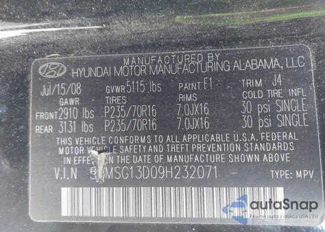 2009 Hyundai Santa Fe Gls z USA, uszkodzony, nr VIN 5NMSG13D09H232071